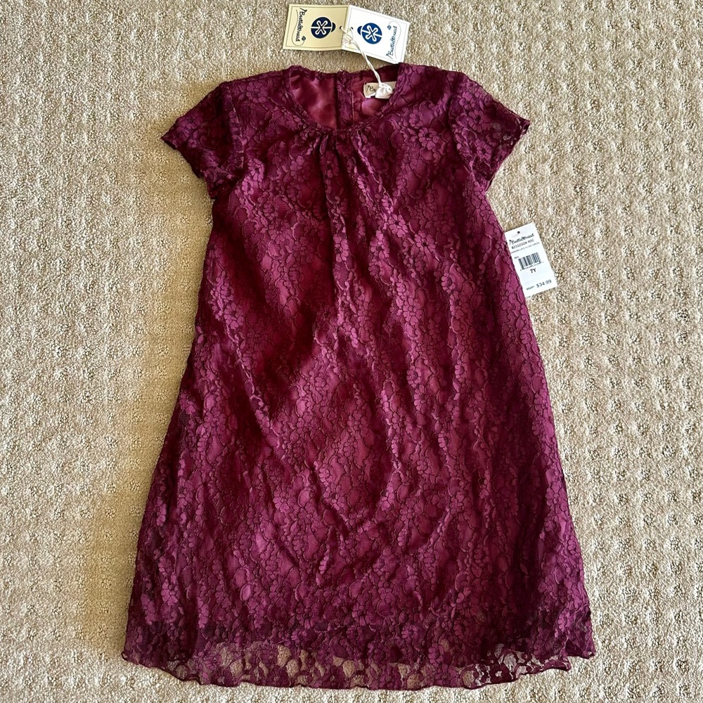 NWT Beetlethread Girls’ Burgundy Lace Dress With Cap Sleeves, Size 7